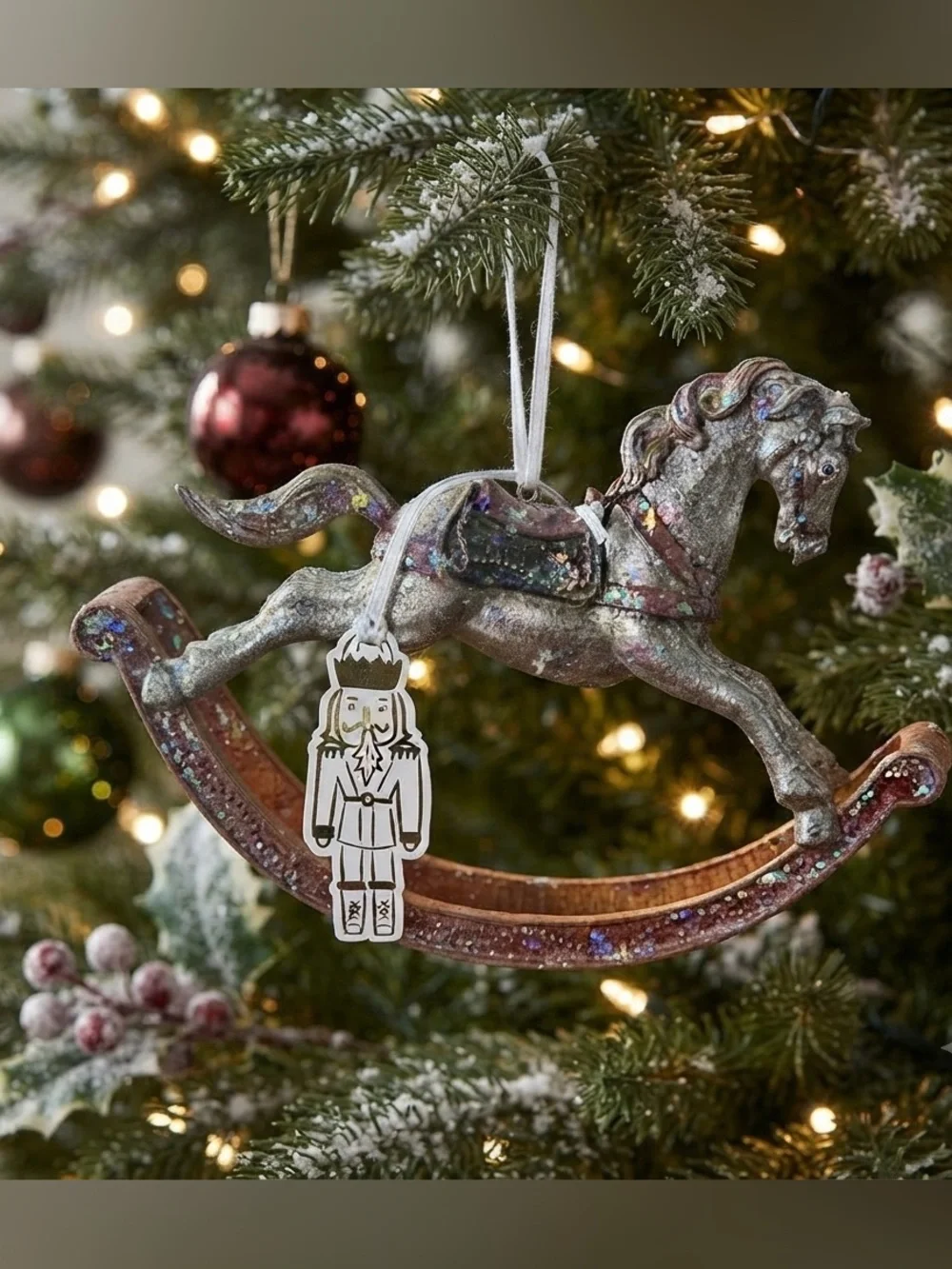 Glittering Silver and Brown Rocking Horse Figurine/ornament